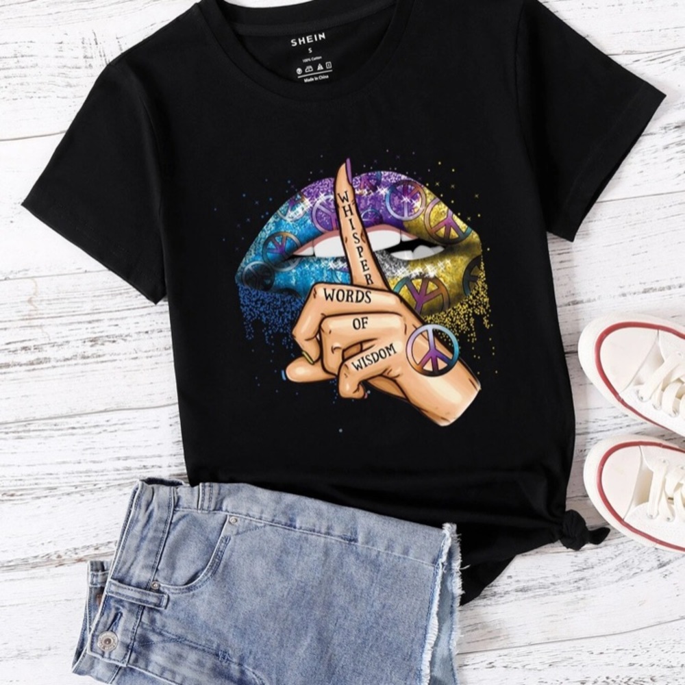 Shein Hippie Boho Whisper Words Of Wisdom Oversized Black Tee - Picture 2 of 9